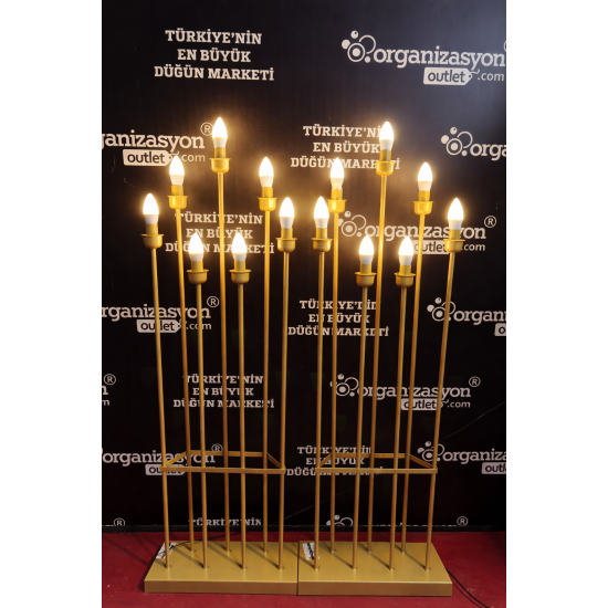 Mızrak Şamdan 7'li Lale Kafa Fırın Boya Gold | Dekoratif Düğün Ekipmanı  Şamdanı