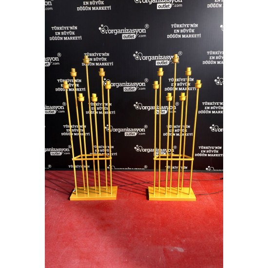 Mızrak Şamdan 7'li Lale Kafa Fırın Boya Gold | Dekoratif Düğün Ekipmanı  Şamdanı